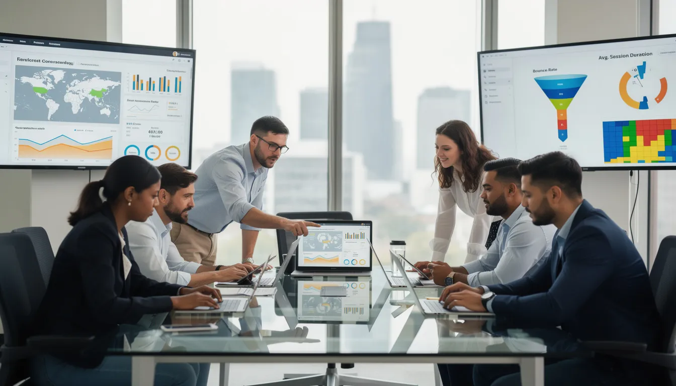 A professional team is gathered around multiple screens, analyzing website performance metrics to enhance search engine visibility and optimize user engagement. They are focused on improving search engine rankings and implementing effective SEO strategies for better organic traffic and site speed.