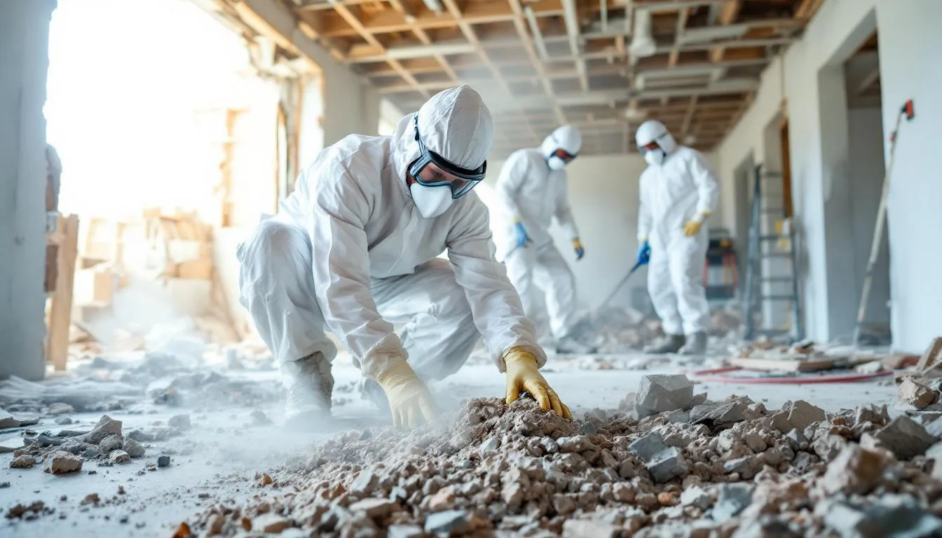 A professional cleanup team, dressed in protective equipment, is diligently working at a restoration site that has been affected by a crime scene, ensuring the safe removal of biohazardous materials and minimizing health risks associated with blood and bodily fluids. Their careful and thorough approach highlights the difficult task of managing contamination while supporting families during a traumatic time.