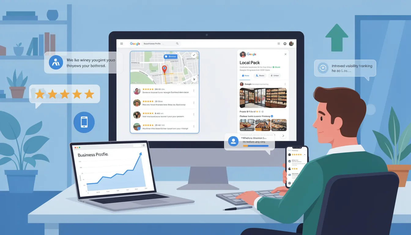An infographic illustrating the importance of Google Business Profile rankings for local businesses, highlighting key elements such as local search visibility, local pack dominance, and the impact of customer reviews on local SEO success. The visual emphasizes optimizing business profiles with accurate information and engaging content to enhance local search performance and attract more customers.