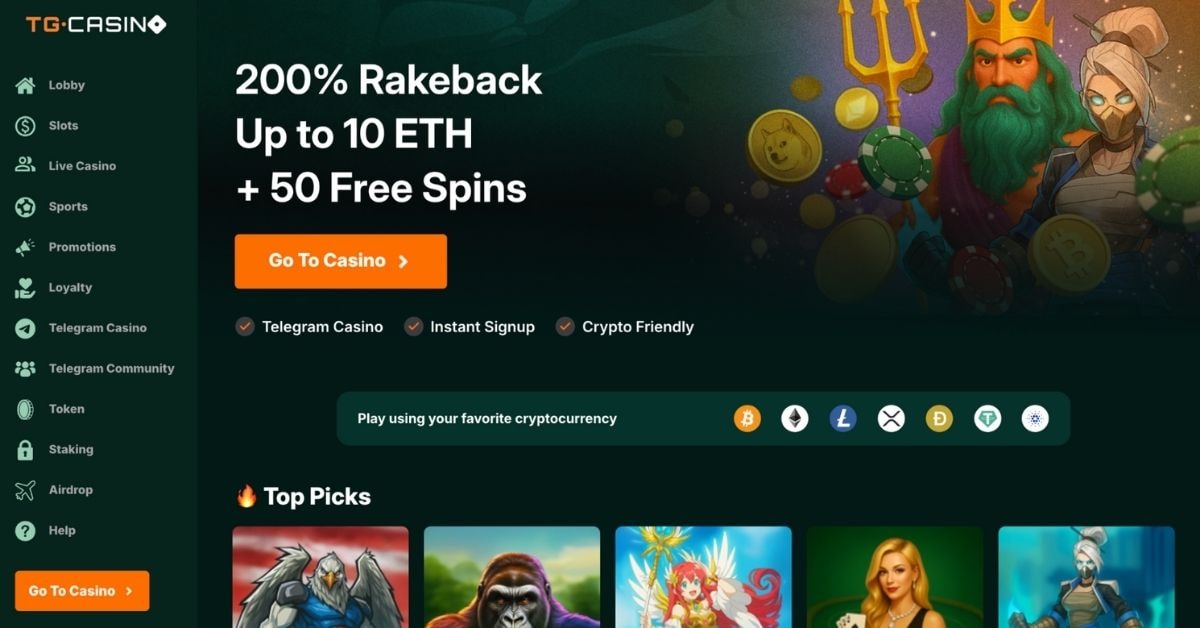 TG.Casino homepage showcasing 200% rakeback up to 10 ETH plus 50 free spins bonus, featuring Telegram Casino integration, crypto-friendly payments, and top slot games.