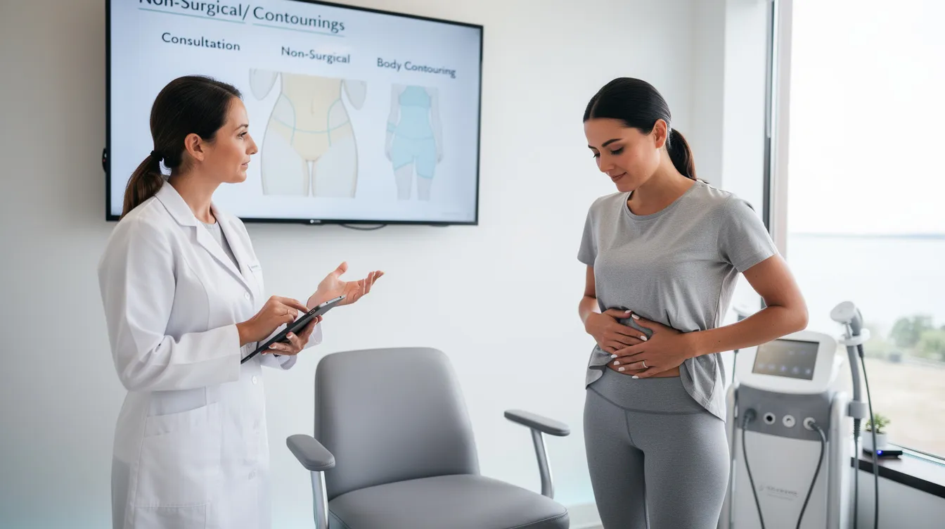 The image shows a patient sitting in a consultation room, discussing their aesthetic goals with a plastic surgeon for a non surgical body contouring treatment plan. The setting suggests a focus on stimulating collagen production through non surgical BBL treatments, offering an alternative to traditional surgical procedures with minimal downtime and discomfort.