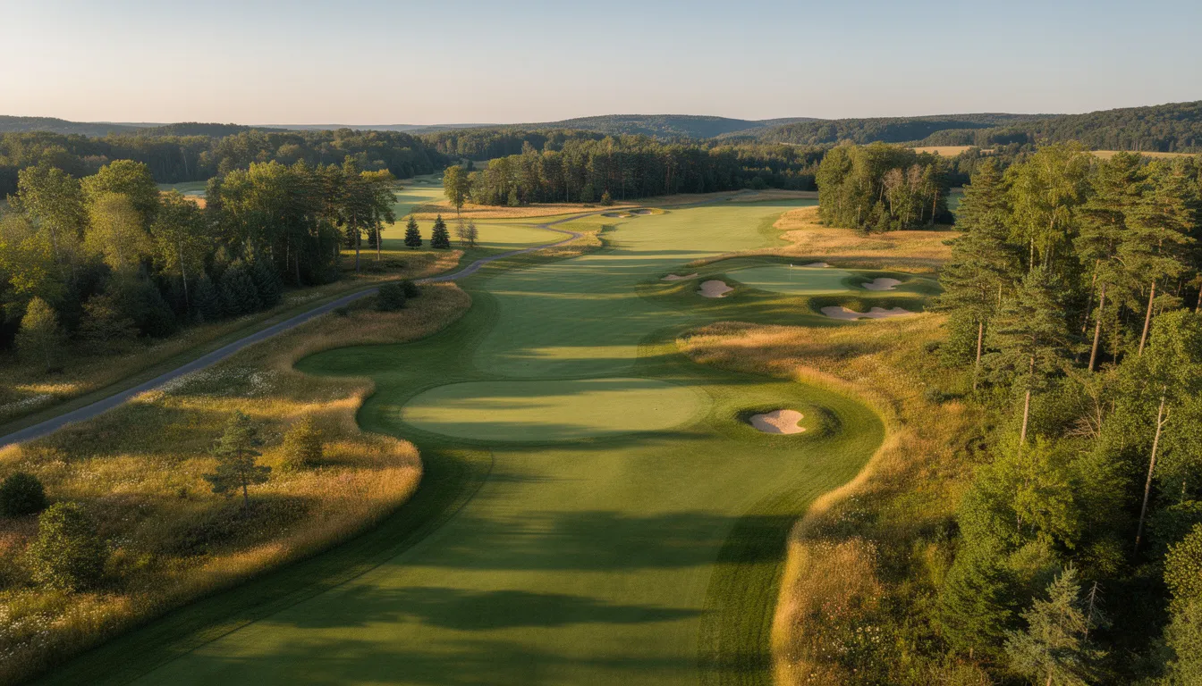An aerial view of a golf course showcases lush green fairways surrounded by native grasses and wooded areas, highlighting the potential for golf courses to support wildlife habitats and promote environmental stewardship. The image illustrates the balance between recreational spaces and natural areas, emphasizing the importance of sustainable practices in urban environments.