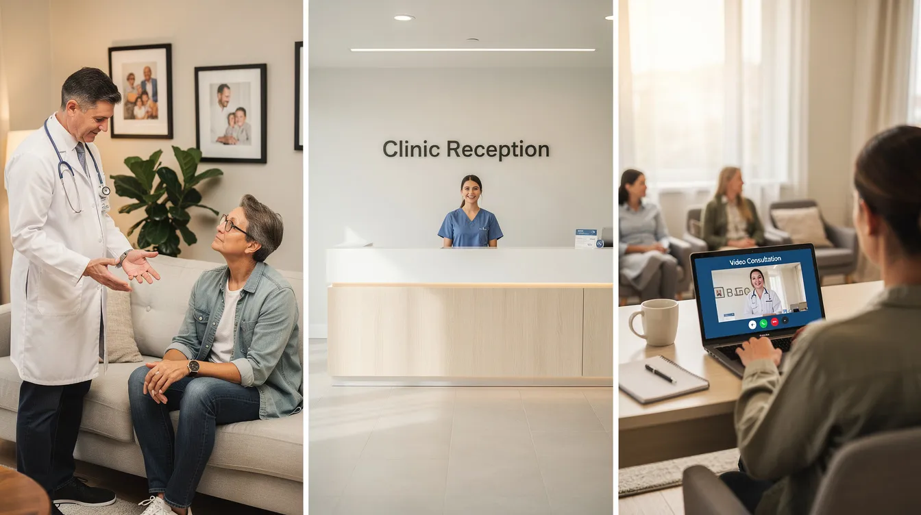 The image depicts a split scene featuring a doctor conducting a home visit, a modern clinic reception area, and a person engaging in a video call consultation with a physician on a laptop. This illustrates various aspects of medical care, including home doctor visits and virtual appointments for health consultations.