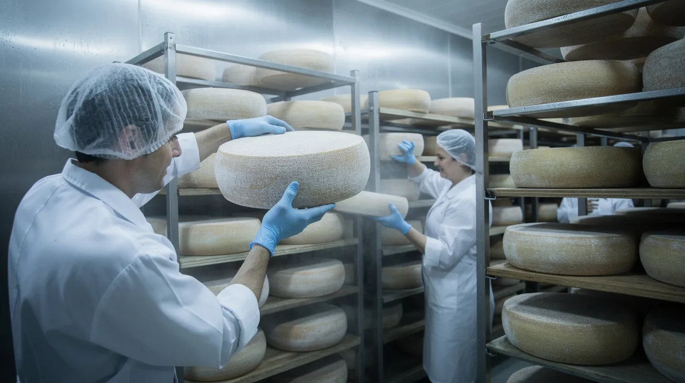 The image shows workers in white uniforms carefully handling large cheese wheels inside a cold storage room of a cheese manufacturing plant. This scene highlights the meticulous processes involved in cheese production and the importance of maintaining proper storage conditions within the cheese industry.