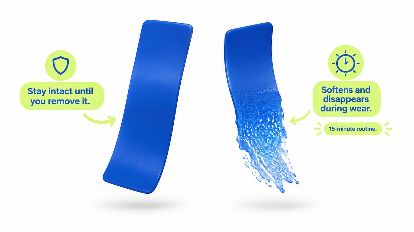 Illustration comparing strip formats: a traditional strip stays intact until you remove it, while a dissolving strip softens and disappears during wear on a 15-minute routine