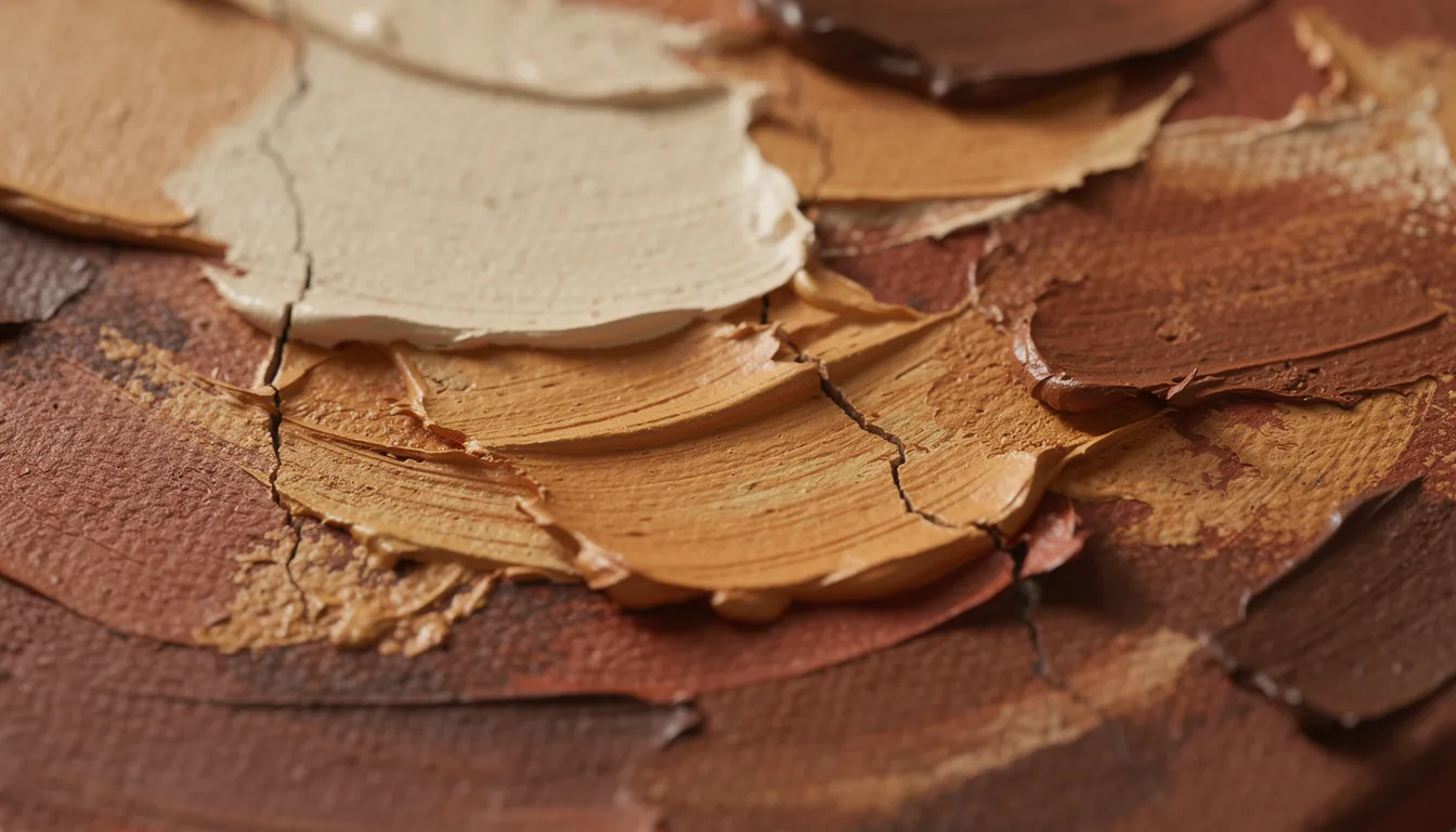 En närbild av en abstrakt canvastavla som visar en rik textur och akrylfärger i jordnära toner. Konstverket erbjuder betraktaren en möjlighet att hitta sin egen tolkning bland de olika formerna och färgerna.