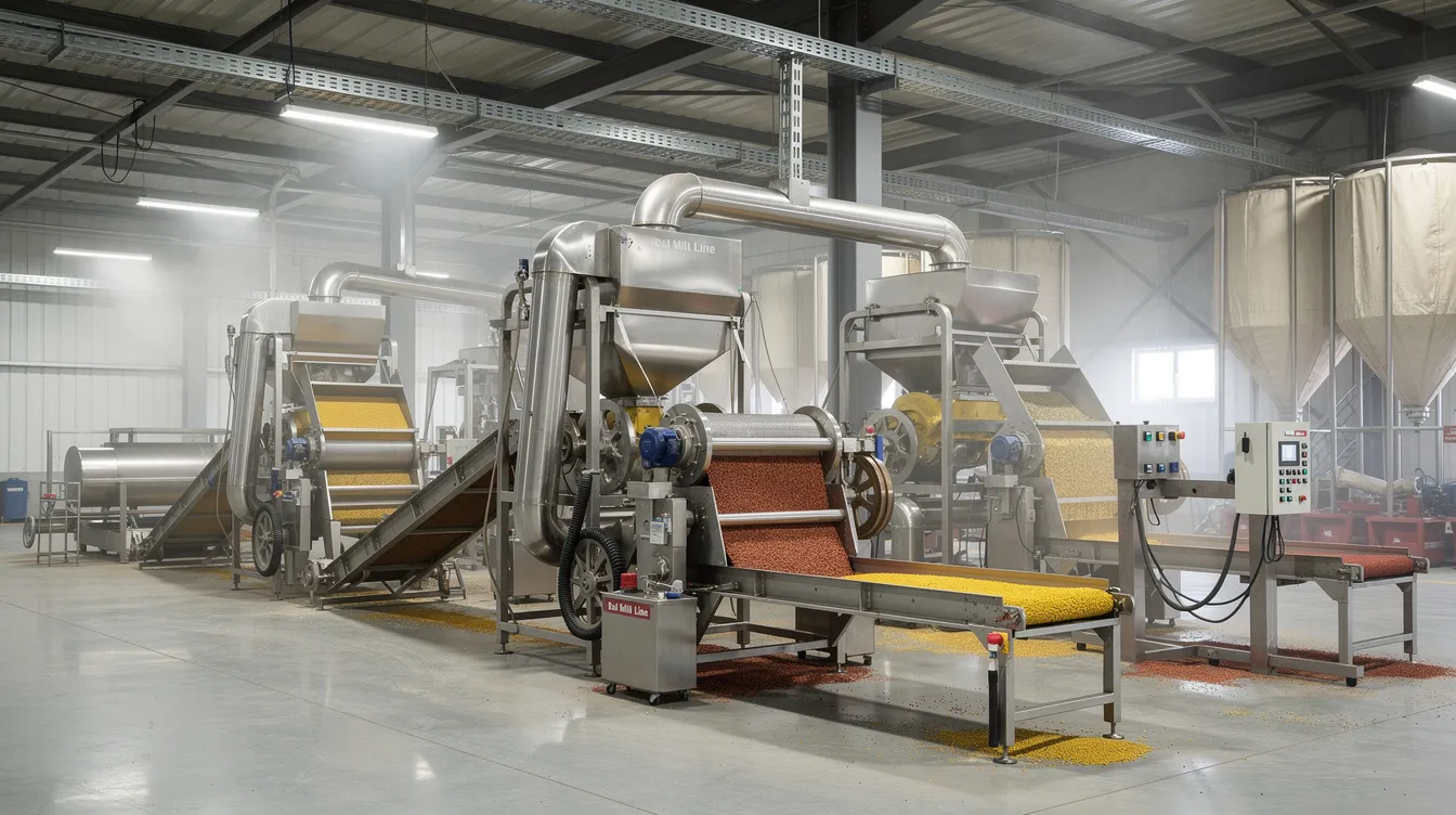 The image depicts an industrial dal mill featuring advanced machinery, including conveyor belts and milling equipment, designed for processing various types of dals such as toor dal, urad dal, and moong dal. This setup is essential for ensuring quality production and efficient processing in the growing demand for milled dals in the domestic market.