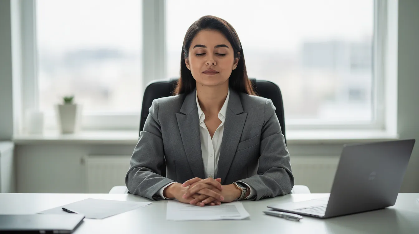 Un professionnel est assis dans un bureau calme, les yeux fermés et les mains posées sur la table, illustrant un moment de concentration avant une réunion. Cette scène met en avant l'importance de l'écoute active et de la préparation dans le processus de vente, soulignant l'approche centrée sur le client.