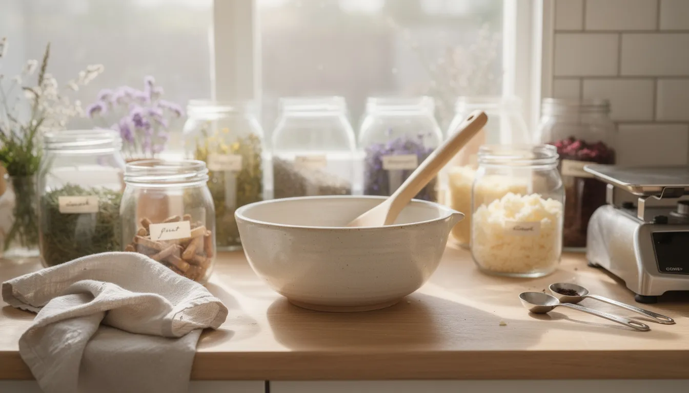 The image depicts a serene kitchen workspace featuring glass jars and a mixing bowl, all set up for crafting a nourishing tallow face cream. The setup suggests a focus on natural ingredients like grass-fed beef tallow and essential oils, perfect for supporting skin repair and addressing dry patches.