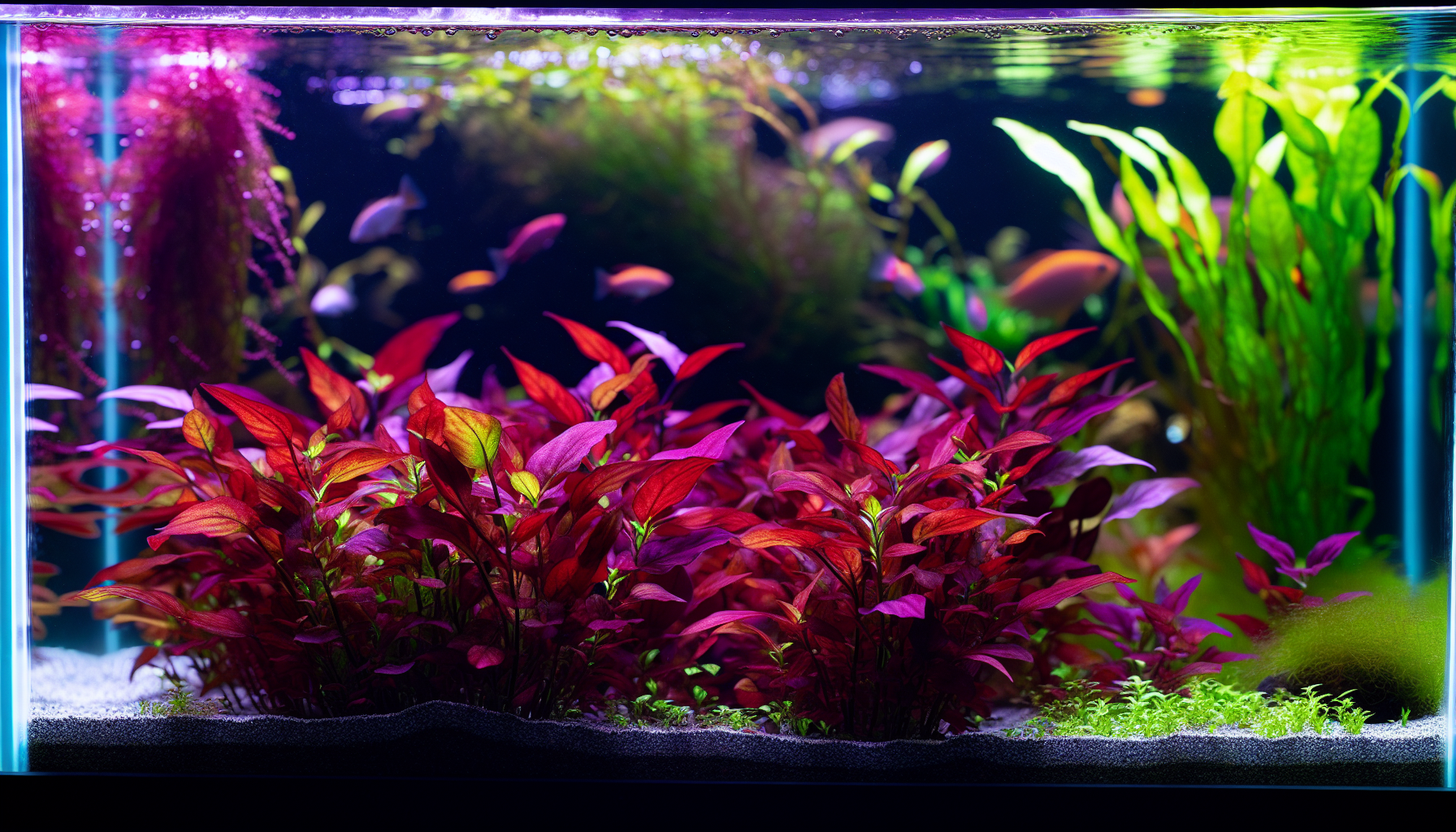 Well-lit aquarium with healthy Alternanthera Reineckii thriving in the foreground