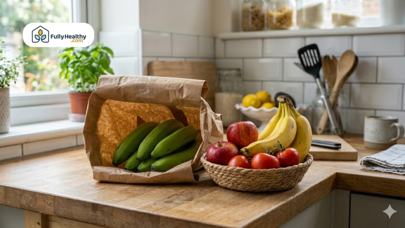 Fresh fruits including bananas and apples arranged on kitchen countertop