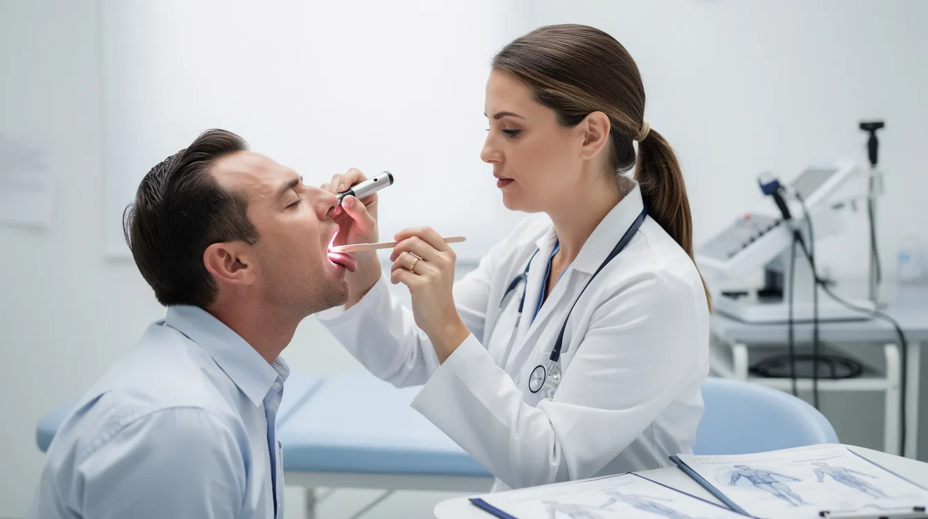 A doctor is examining a patient&rsquo;s nose and throat in a clinical setting, focusing on potential issues such as nasal obstruction or chronic nasal congestion that could affect their breathing and sleep quality. The examination may help identify conditions like a deviated septum or enlarged turbinates, which can lead to mouth breathing and associated health risks.