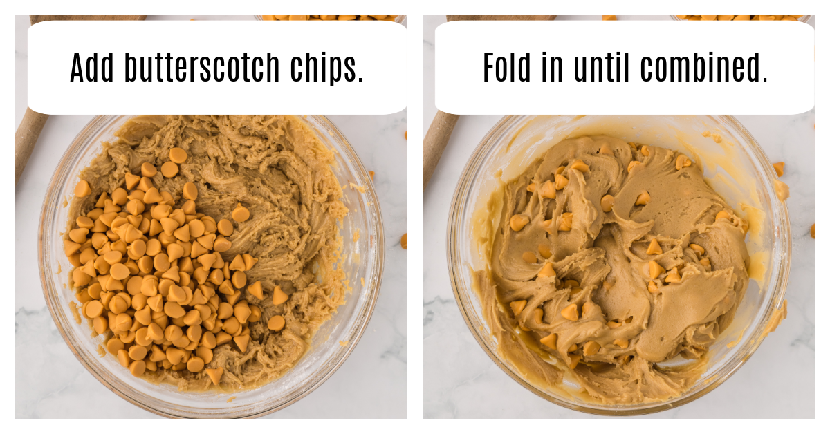Butterscotch chips added to cookie dough in large bowl