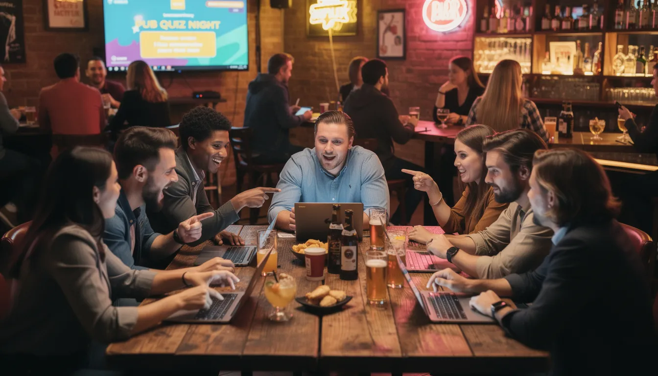 A group of people is engaged in a lively pub quiz event, intently looking at screens displaying trivia questions while discussing their answers. The atmosphere is filled with excitement as they contemplate the correct answer among various options, creating a fun and competitive trivia game experience.