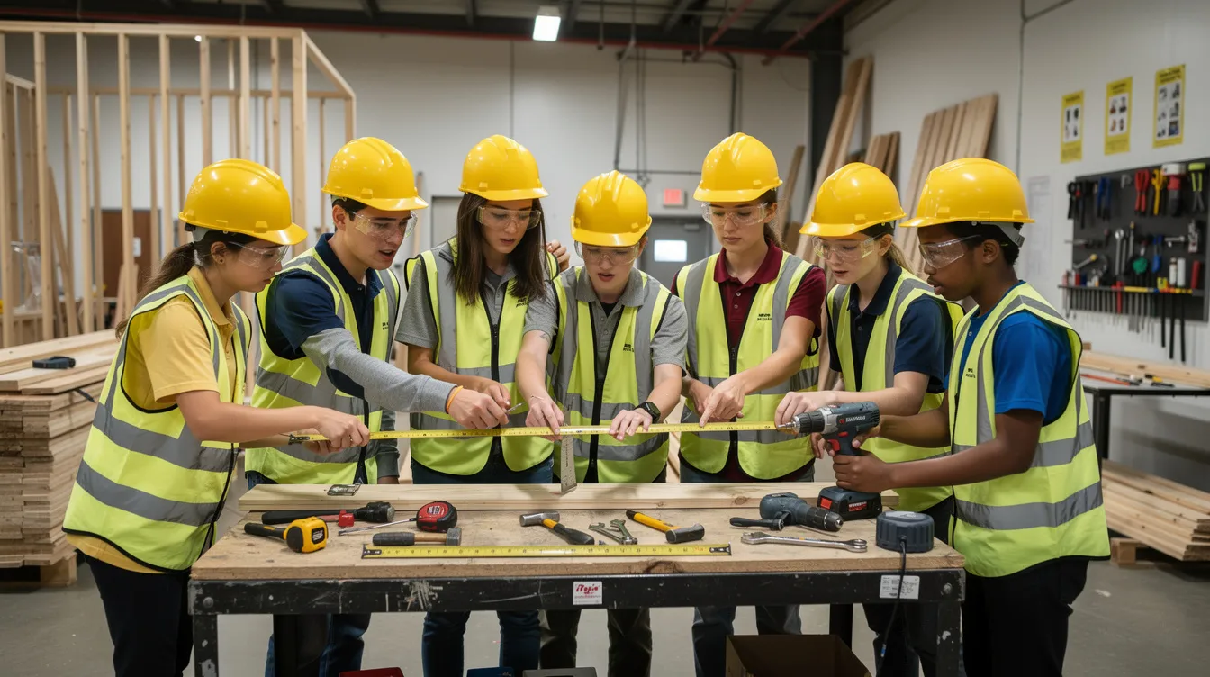 A group of high school students, wearing safety glasses and hard hats, is gathered in a construction training facility, examining various tools as part of their hands-on training in the construction trades. This classroom instruction aims to provide foundational understanding and skills essential for pursuing careers in the construction industry, supporting workforce development and job placement opportunities.