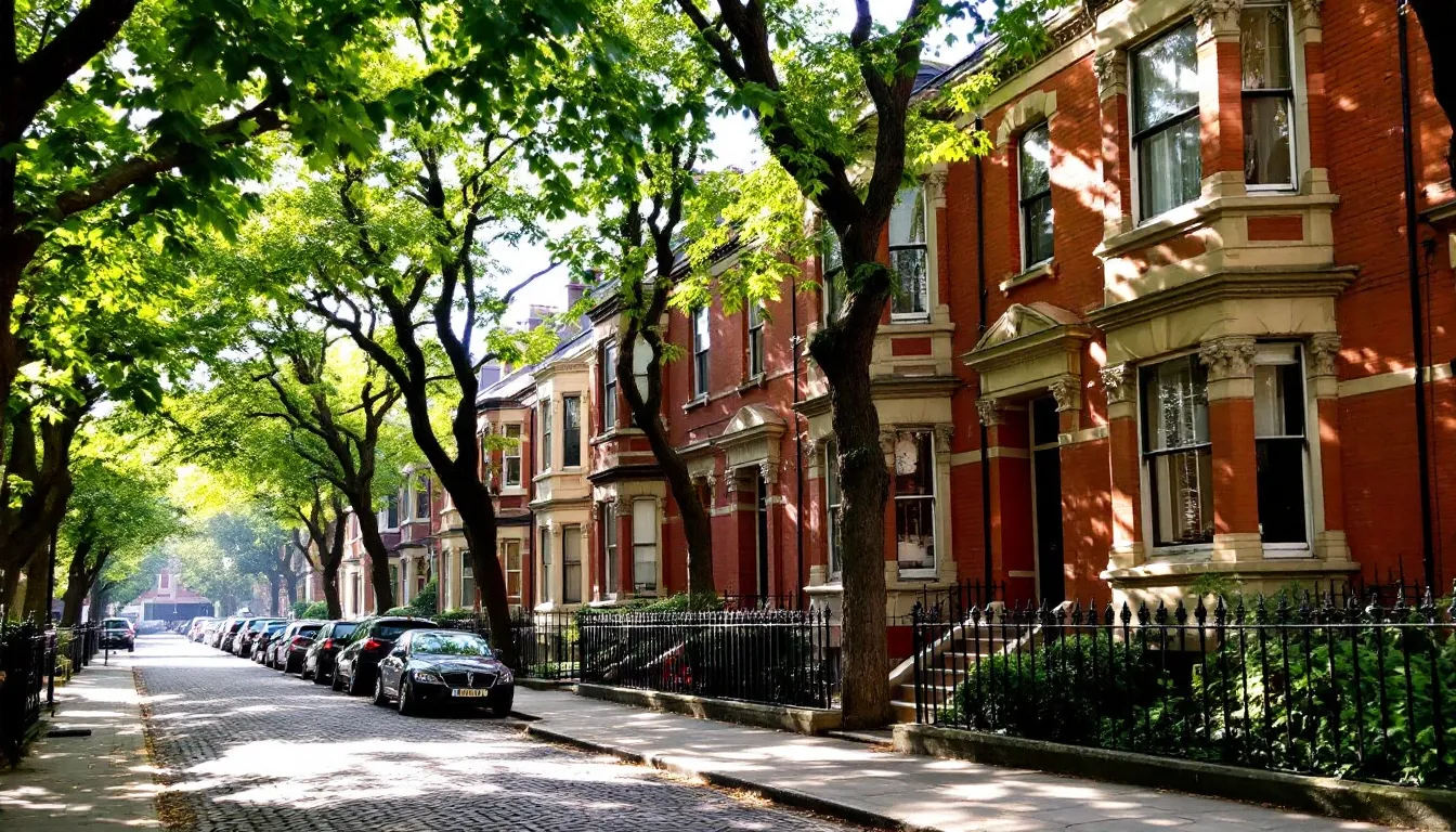 The image depicts a row of Victorian terraced houses lining a tree-filled street in central Oxford, showcasing the stunning architecture characteristic of this historic city. This area, close to Oxford University and its rich cultural hub, is ideal for students seeking accommodation in a vibrant environment.