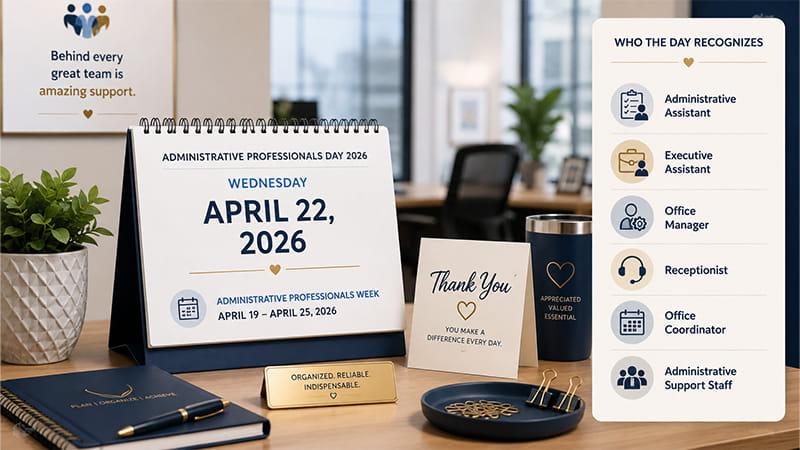 Administrative Professionals Day 2026 date and recognized roles including administrative assistants, executive assistants, office managers, and receptionists