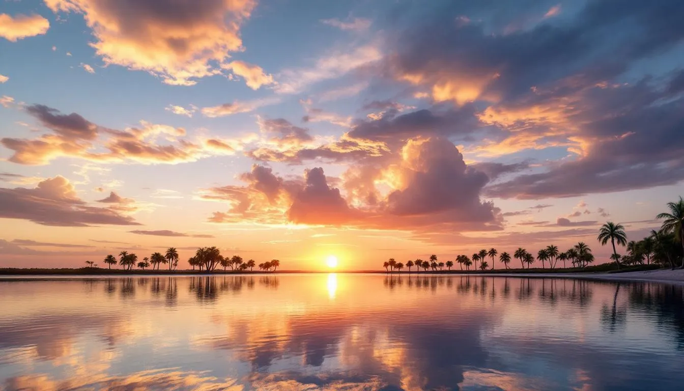 A stunning southwest Florida sunset paints the sky with vibrant hues of orange and pink, reflecting beautifully over the water, creating a serene atmosphere typical of Fort Myers in January. This picturesque view captures the essence of life in southwest Florida, where every sunset feels like a special event.