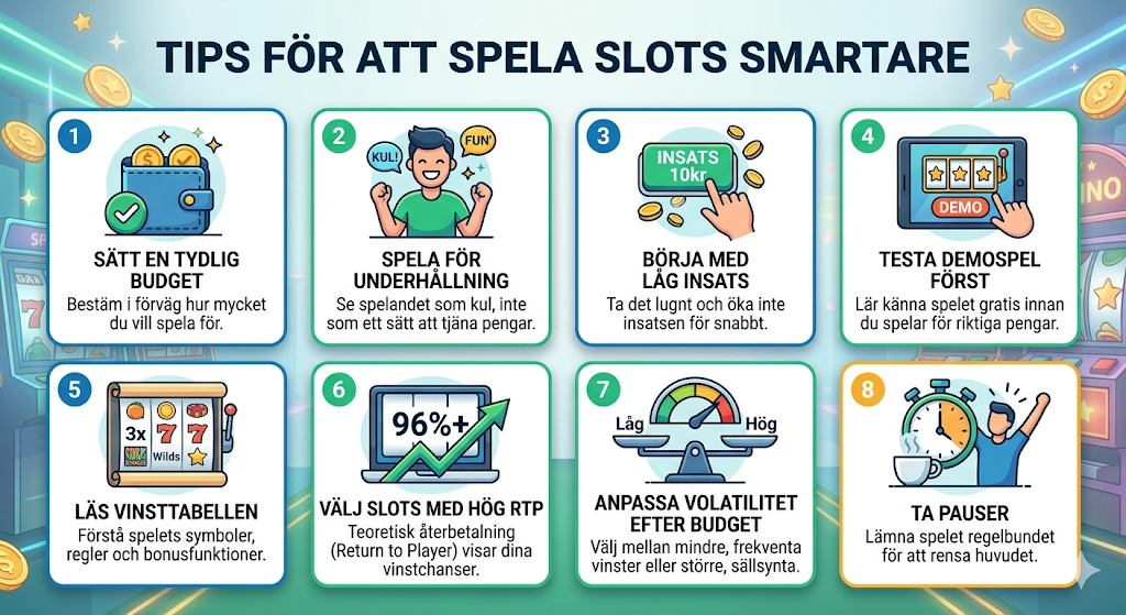 Tips för att spela slots smartare – sätt budget, välj hög RTP, anpassa volatilitet och spela ansvarsfullt online casino.
