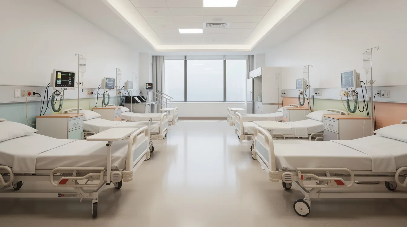 The image depicts a clean and well-lit hospital ward featuring several hospital beds and various medical equipment, symbolizing a healthy environment for patient care. This setting reflects the essential components of healthcare operations, emphasizing the importance of financial health and effective budgeting in the healthcare sector.