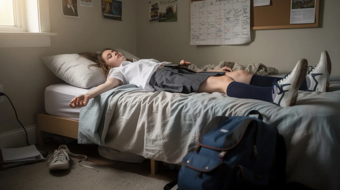 A tired teenage girl in a school uniform lies on her bed, appearing exhausted and overwhelmed, which may reflect the mental health challenges often faced by neurodivergent young people, including anxiety and depression symptoms. This image captures the struggles that many neurodivergent girls encounter, highlighting the need for proper support and understanding of their unique experiences.