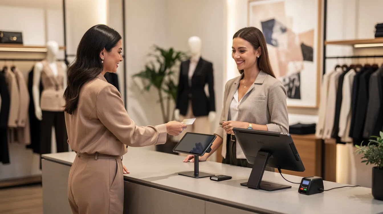 A photo-realistic image depicts a happy customer at the register of a trendy, upscale clothing boutique, engaging in actions for the checkout process, such as giving a credit card for payment. The modern point-of-sale system features a sleek table and a connected card reader, taking a stress-free experience for peace of mind as people finish their order.