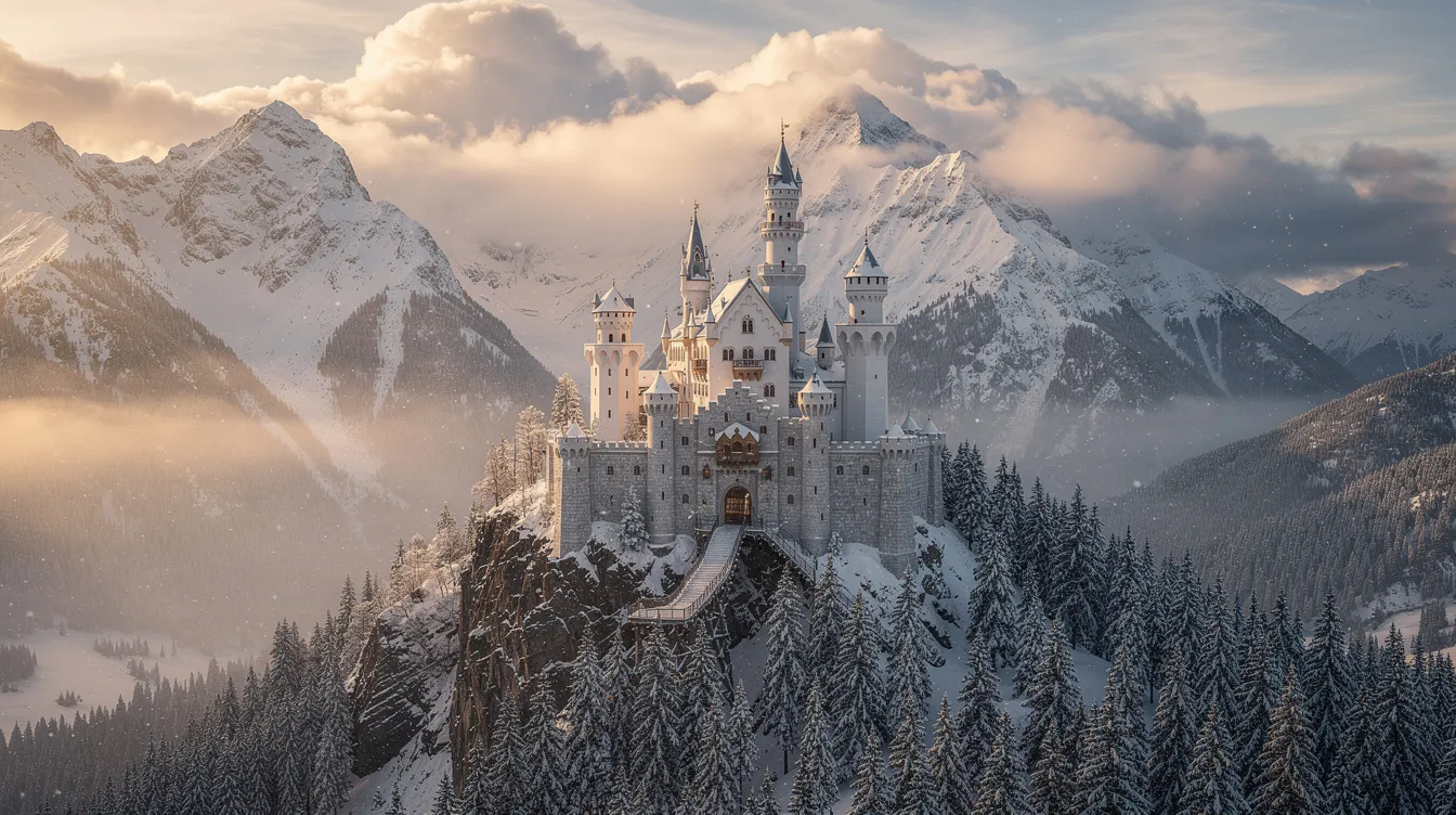 Um castelo romântico com torres brancas se ergue majestoso entre montanhas cobertas de florestas e neve, criando uma cena encantadora típica da Europa Central. A imagem evoca um ambiente de tranquilidade e beleza natural, ideal para destinos turísticos na Eslovênia.
