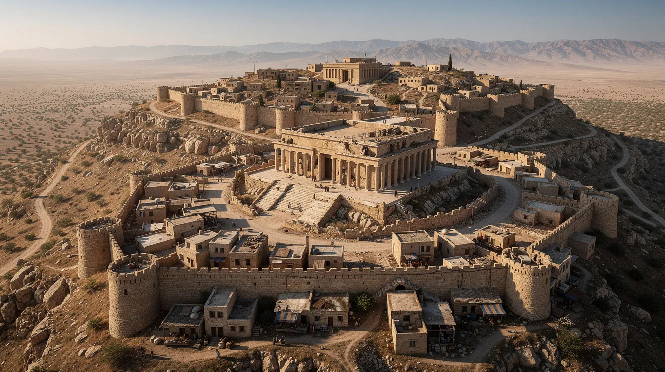 An aerial view showcases an ancient stone temple complex nestled within a walled city on a hillside in the Middle East, reminiscent of the Jerusalem Temple from the era of the Sadducees and Pharisees, two prominent religious sects in ancient Israel. The intricate architecture and surrounding landscape evoke a sense of the historical and spiritual significance of this site in Jewish history.