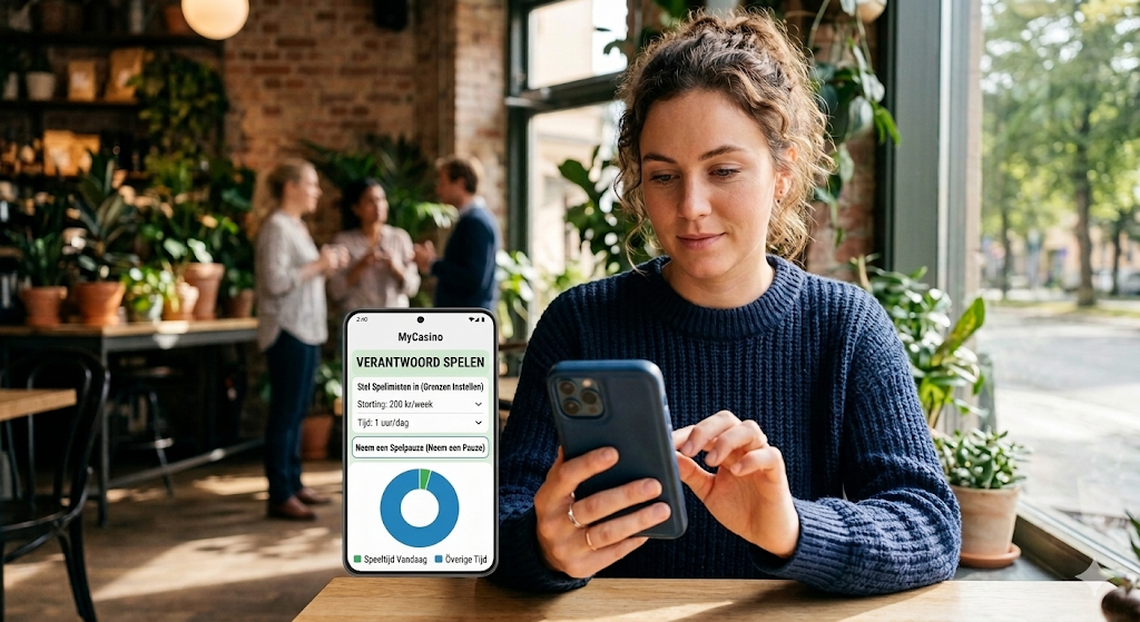 Vrouw gebruikt een mobiele casino app op smartphone met instellingen voor verantwoord spelen, voorbeeld van legale casino apps in Nederland waar spelers online casino spellen spelen via iOS of Android apparaten.