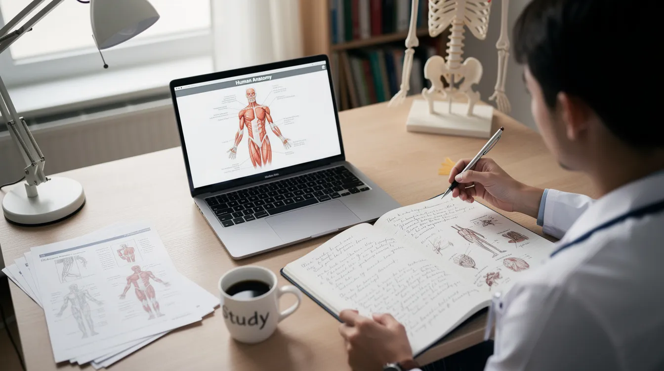 A student is sitting at a desk, focused on reviewing anatomy notes with a laptop open and a notebook beside them, preparing for an upcoming exam. This study session is aimed at helping them practice and understand course material better, potentially using online resources to provide additional questions and insights.
