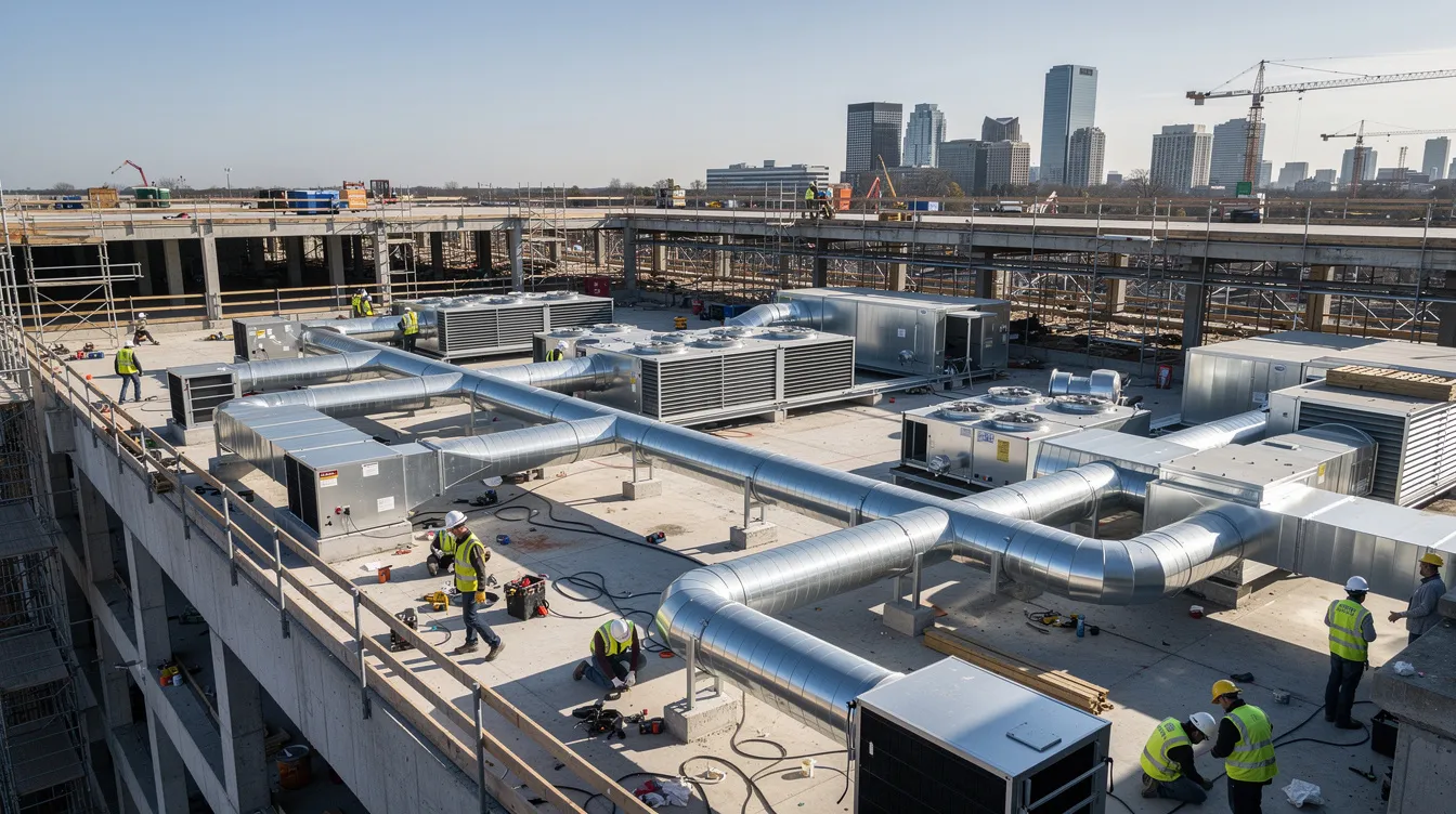 Commercial building under construction with rooftop workers and exposed mechanical systems.