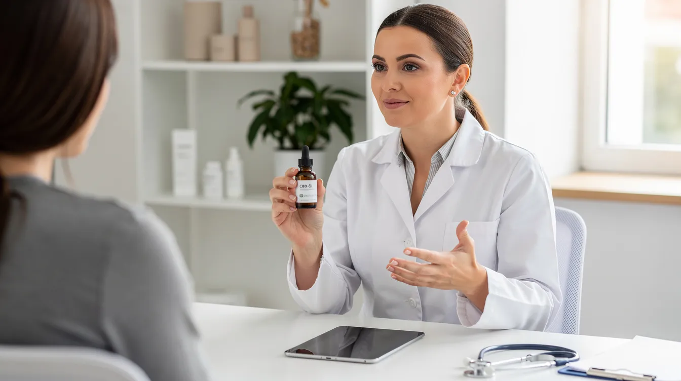 Eine Person in einem weißen Kittel hält eine Flasche mit CBD-Öl während einer Beratung. Diese Situation könnte Informationen über die potenziellen Vorteile, die Anwendung von CBD und mögliche Wechselwirkungen mit anderen Medikamenten beinhalten.