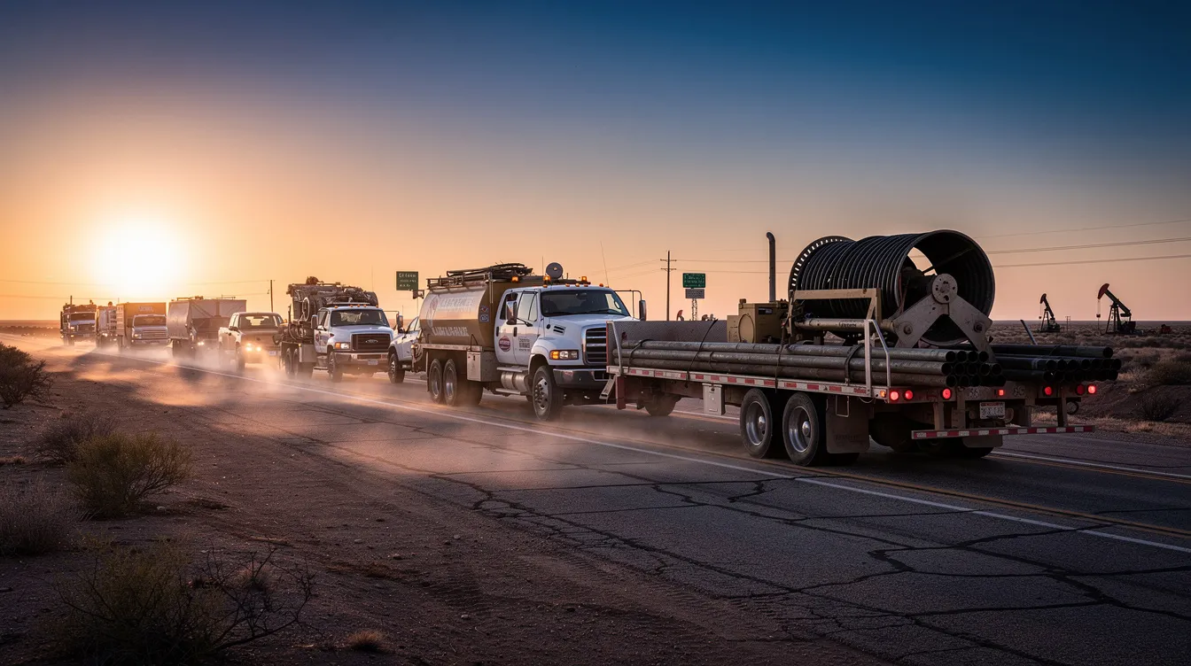 The image depicts oilfield service vehicles and equipment lined up along a dusty West Texas highway at dusk, with the fading light casting long shadows over the scene. This setting is typical for the oil and gas industry, where heavy truck traffic is common, highlighting the potential risks of oilfield truck accidents and the importance of having an experienced truck accident attorney in Midland for those affected.
