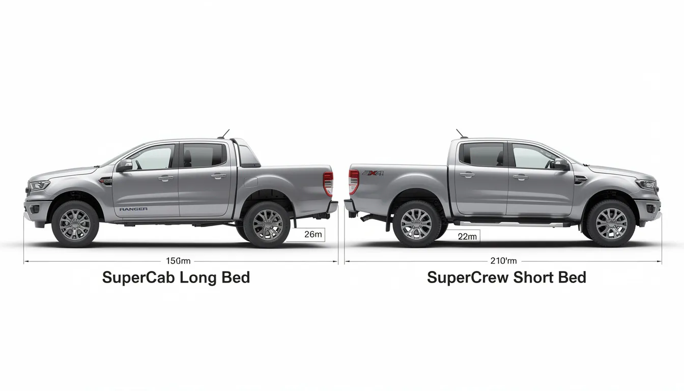 The image displays a side-by-side comparison of the Ford Ranger configurations, showcasing the SuperCab long bed alongside the SuperCrew short bed. This visual highlights the differences in Ford Ranger bed size, including bed dimensions and cargo volume, essential for understanding the spacious bed options available for various hauling needs in the 2025 Ford Ranger.