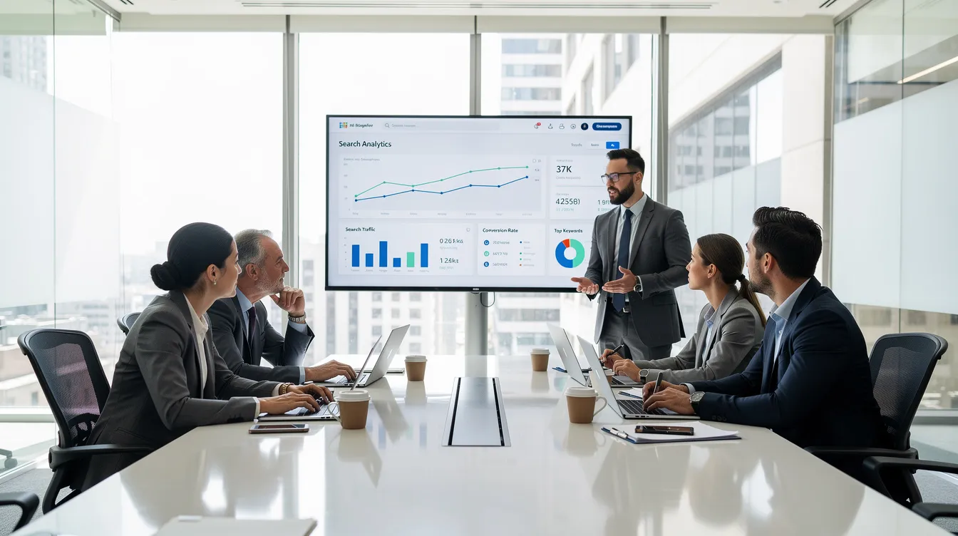A professional team is gathered around a conference table, engaged in a meeting with laptops open and a large monitor displaying search analytics data. The scene reflects a structured onboarding process, emphasizing effective communication and collaboration to enhance client satisfaction and support long-term success.