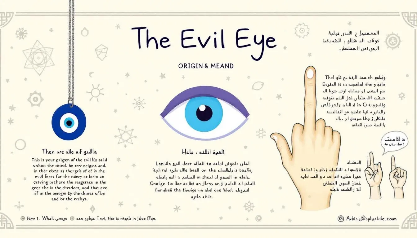 The image depicts a hand symbol adorned with the evil eye, a widely recognized symbol believed to ward off negative energies and evil intentions. Set against a dark blue background, this protective symbol reflects ancient beliefs from various cultures, including the Arabia and North Africa, and is often incorporated into jewelry like evil eye bracelets and talismans for good fortune.