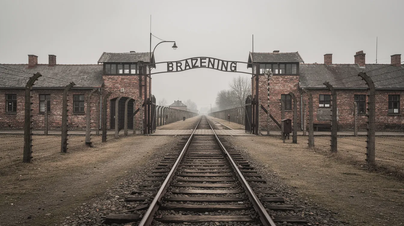 A imagem retrata o campo de concentração nazista de Auschwitz, um local histórico marcado por sua arquitetura sombria e pela memória das milhões de pessoas que sofreram durante a Segunda Guerra Mundial. O ambiente evoca uma reflexão profunda sobre os horrores do regime nazista e os campos de extermínio que foram parte desse período trágico da história.
