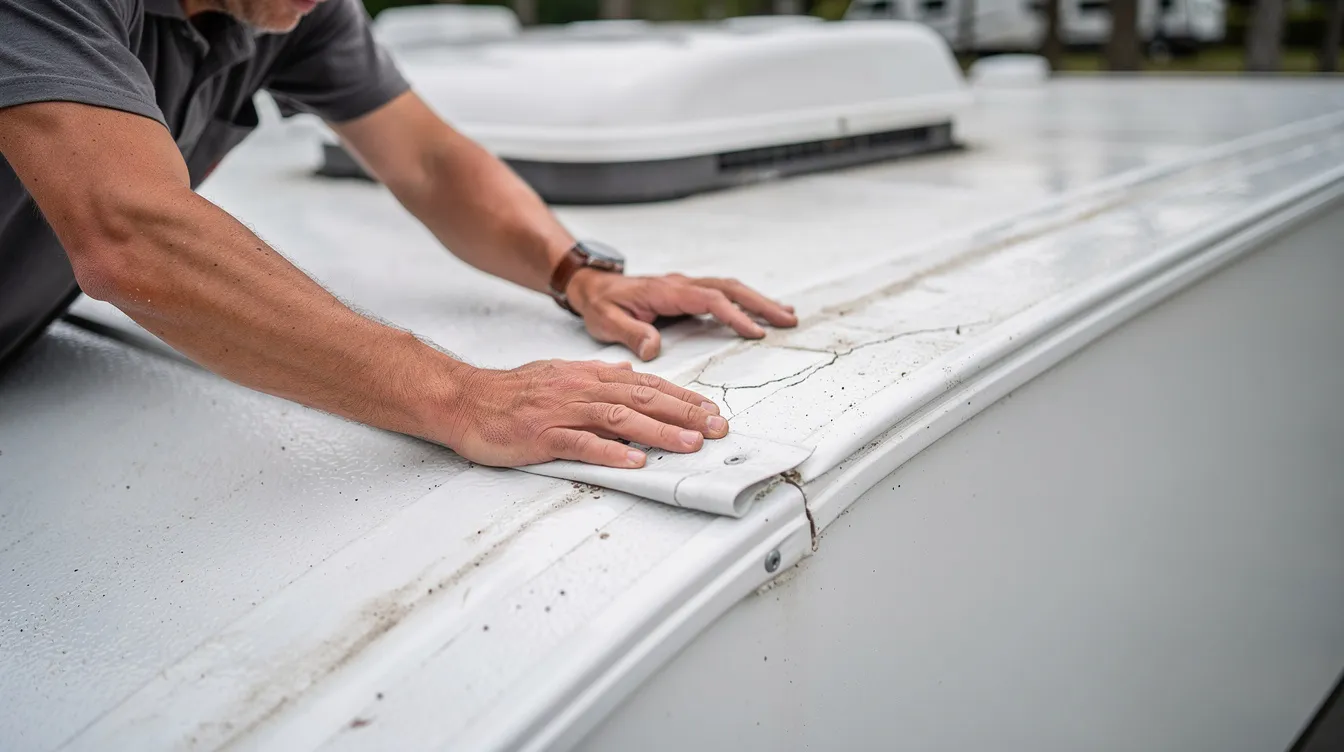 A close-up view shows a person inspecting the rubber roof membrane of a travel trailer, highlighting the importance of routine maintenance for RV owners. This detailed examination is essential for identifying common issues and ensuring the longevity of the vehicle.