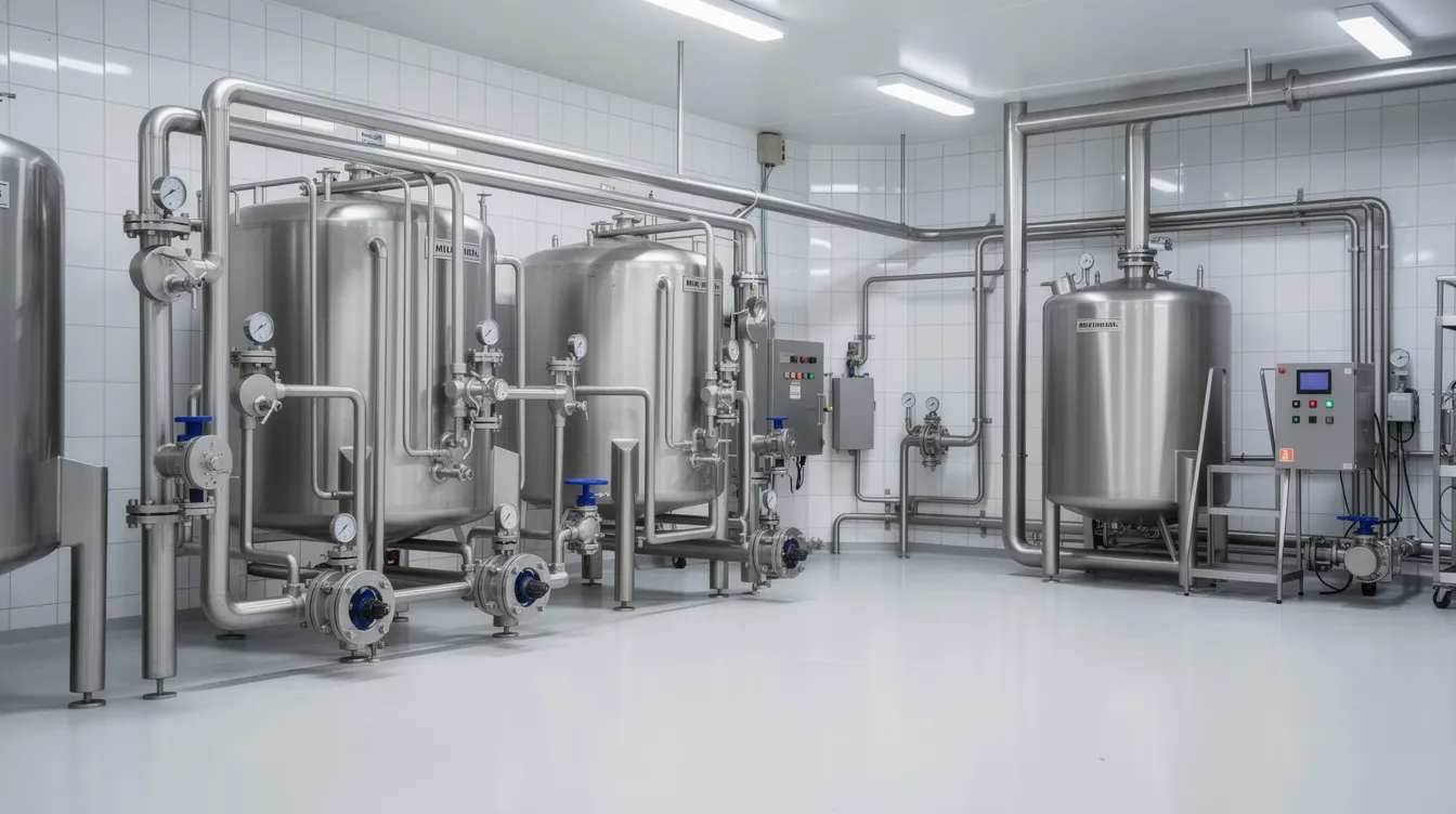 74c44dfe 85c5 41a7 a5ff c0aa3c57ccdc The image depicts a modern industrial dairy processing facility featuring stainless steel equipment, including large tanks and intricate piping systems, essential for the ghee manufacturing process. This setup highlights the machinery used in the ghee production, showcasing the efficiency and scale of operations within the food processing industry.
