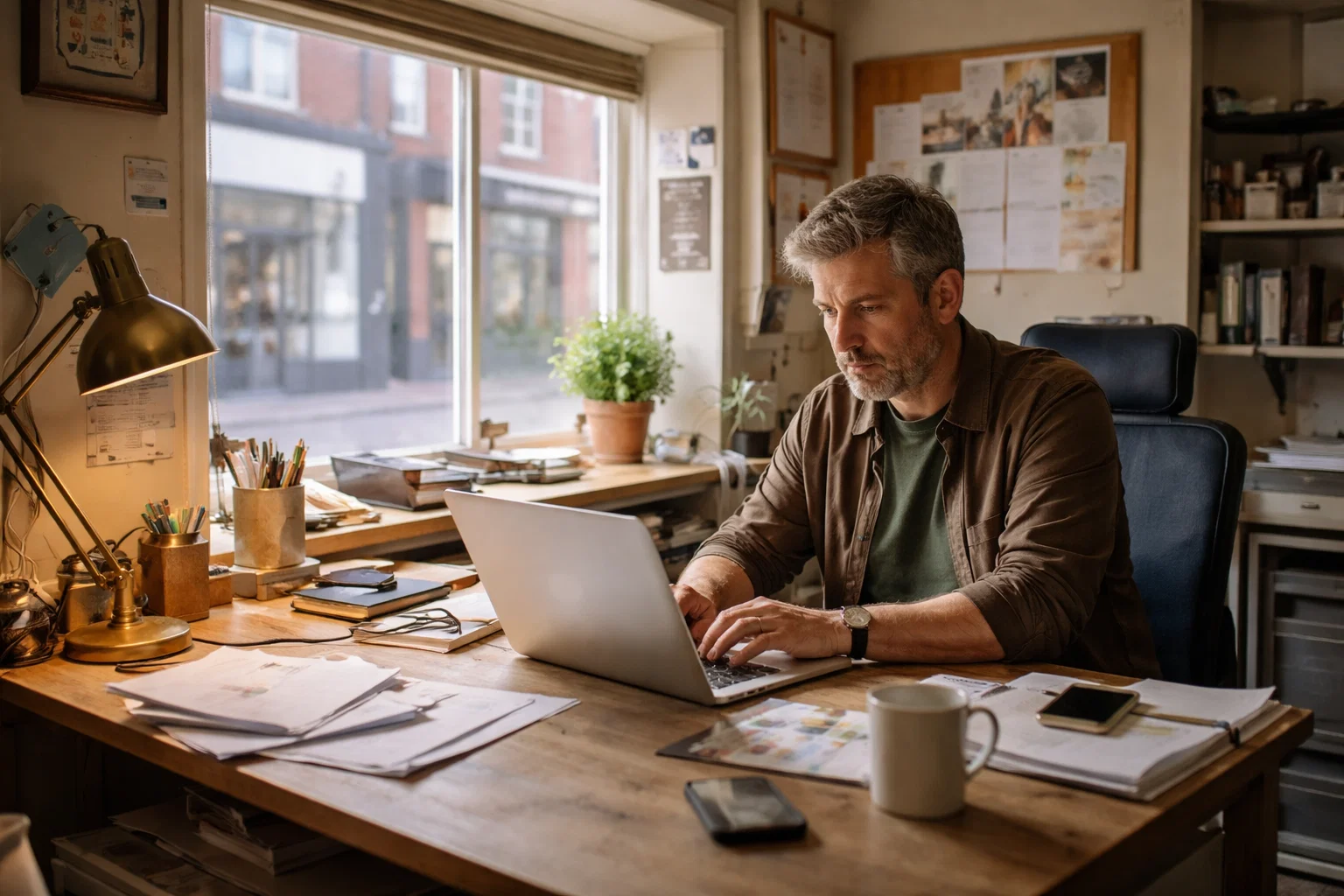 Small Stockport business owner working on a laptop in a realistic local workspace