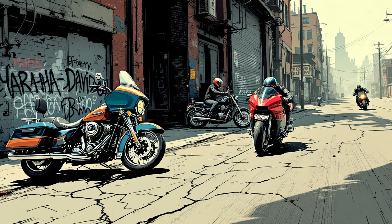 Popular motorcycle brands including Harley Davidson and Yamaha, represented in a collage of bikes.