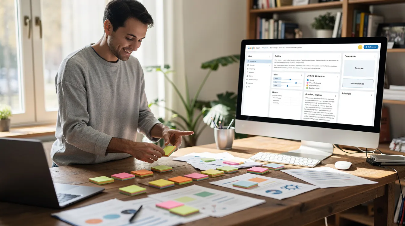 The image depicts a content creator meticulously organizing sticky notes and documents on a spacious desk, where a computer monitor displays structured content aimed at optimizing digital marketing strategies. This scene illustrates the importance of effective content organization for enhancing visibility in search engine results pages and improving answer engine optimization.