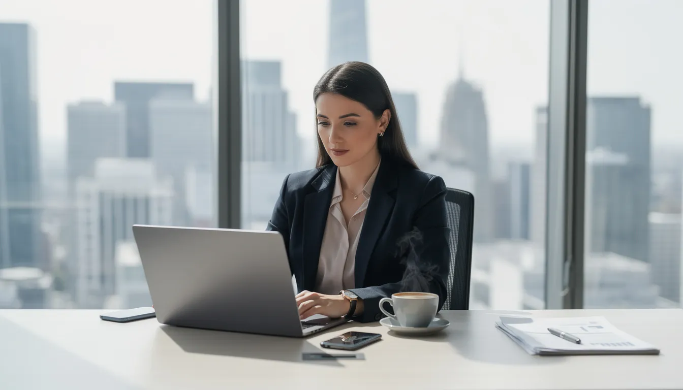 A professional woman dressed in business attire is sitting at a modern desk, focused on her laptop while sipping coffee, symbolizing the pursuit of her dream job. This scene reflects the importance of career growth and job opportunities for women, especially those considering a midlife career change.