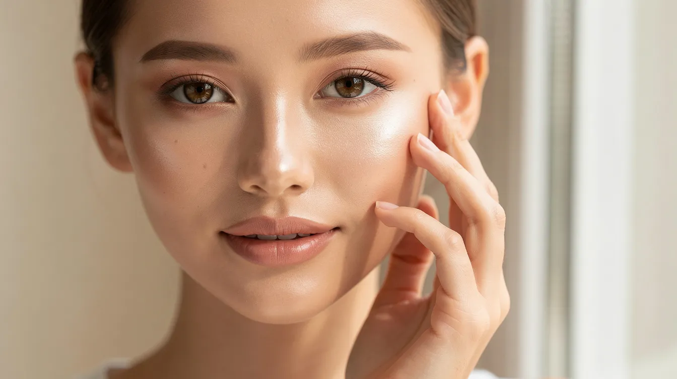 A close-up image of a woman with glowing, healthy skin gently touching her face in soft natural light, showcasing a smooth texture and a radiant complexion. Her skin appears well-hydrated, reflecting a successful skincare routine that supports a healthy skin barrier.