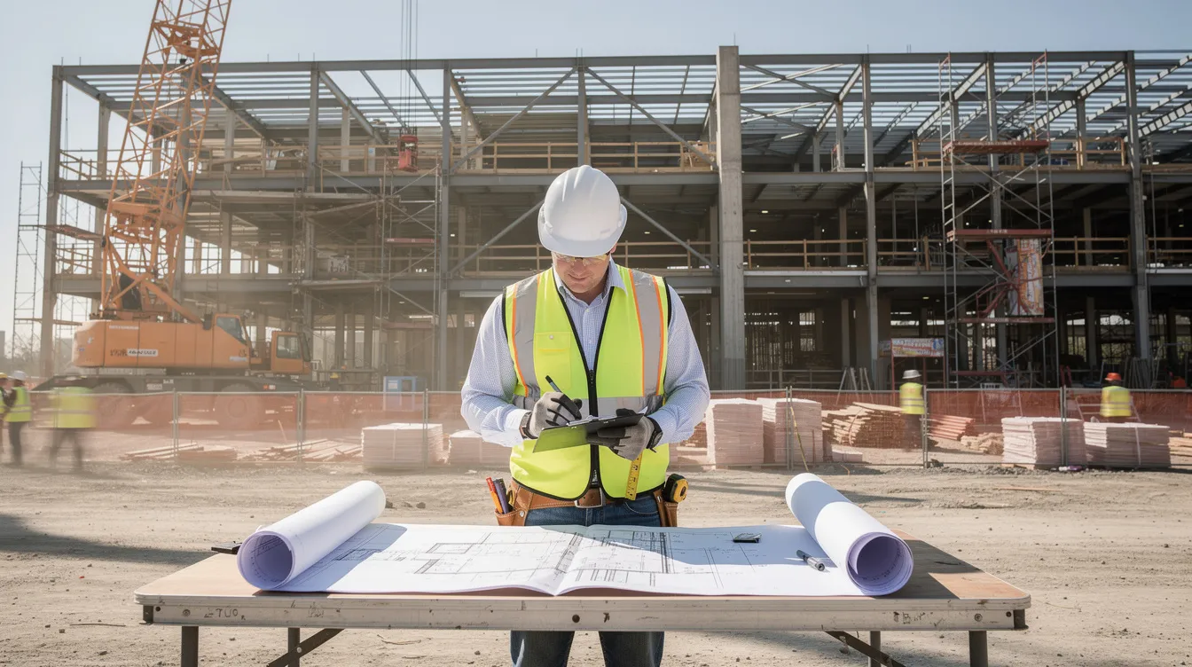 Contractor reviewing plans at a small-bay industrial jobsite.
