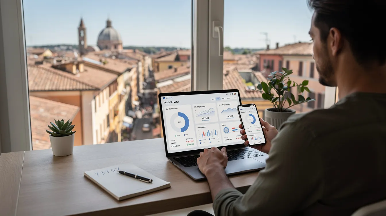 A person is seated at a desk, focused on a laptop and phone as they review a financial app featuring a digital tax refund option, while a picturesque Italian cityscape is visible through the window behind them. The scene highlights the ease of managing finances and receiving eligible tax refunds instantly through innovative digital financial services.