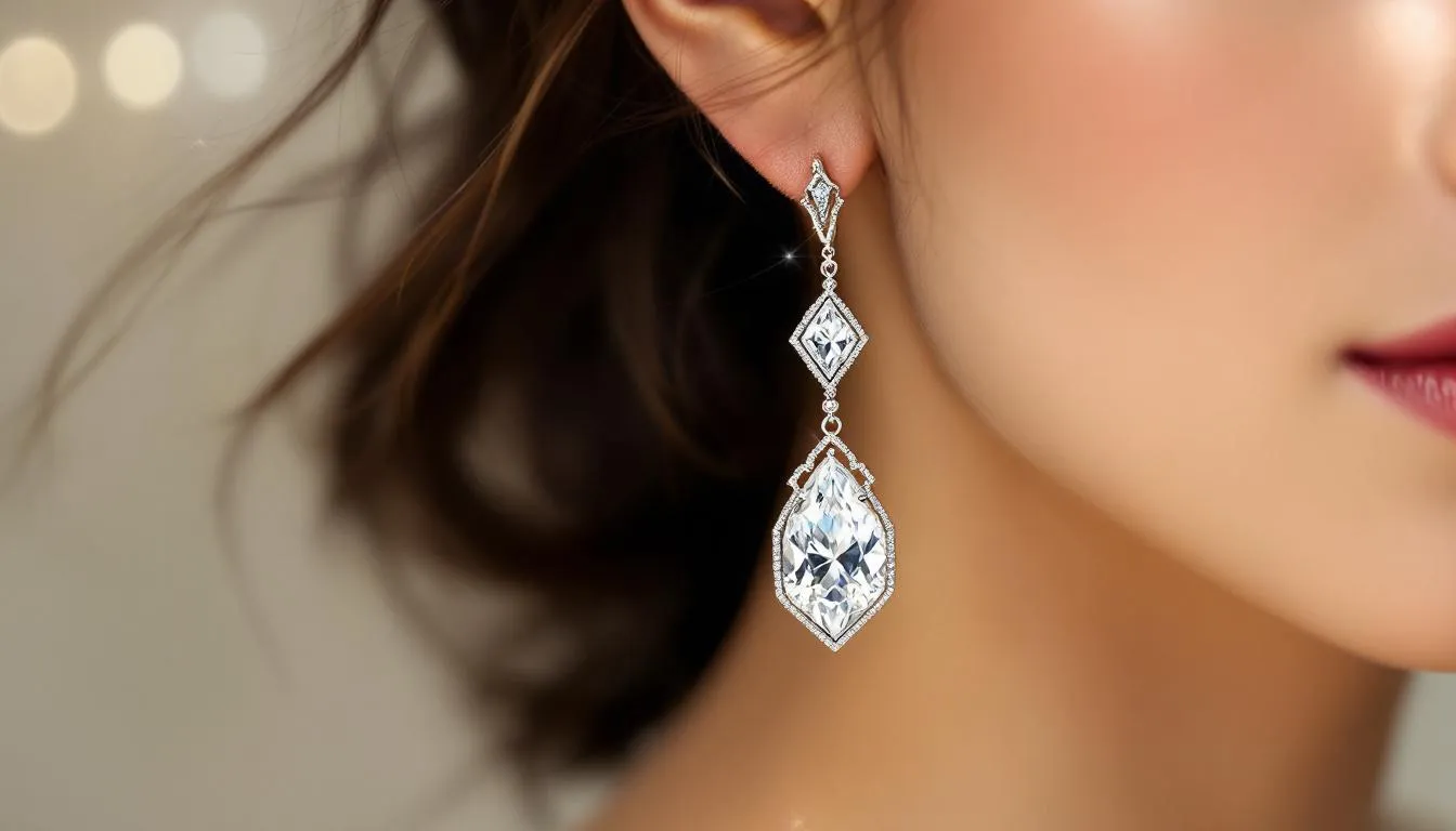Cubic zirconia drop earrings sparkling in light.