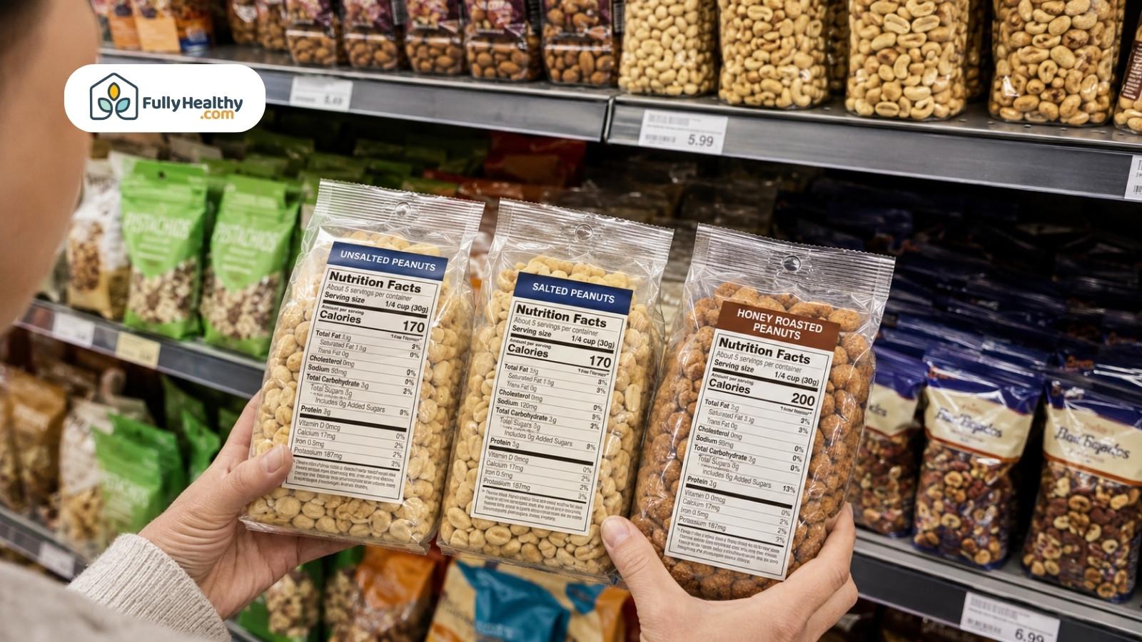 Shopper comparing unsalted, salted, and honey roasted peanut nutrition labels in store