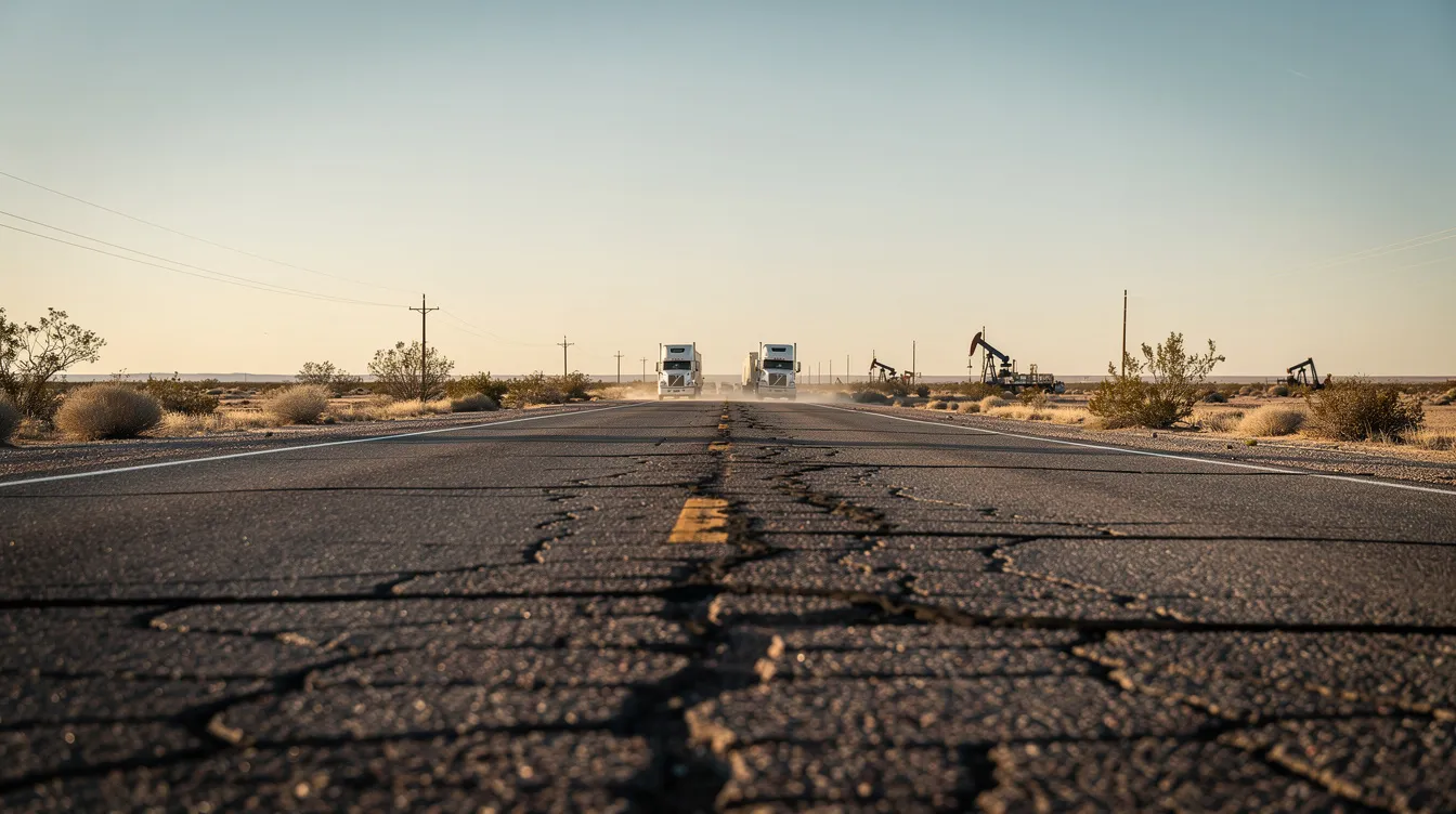 The image depicts a flat oil country road stretching into the distance, with large commercial trucks visible against an expansive desert landscape that reaches the horizon. This scene highlights the trucking industry in Midland, Texas, where truck accidents can occur, necessitating the expertise of a Midland truck accident lawyer for victims seeking fair compensation.