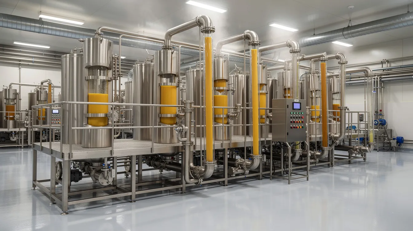74d05aad 4cda 4514 9a5d 5054f0d4b7e5 The image depicts stainless steel ghee clarification and filtration equipment inside a modern ghee manufacturing plant, showcasing the advanced technology used in the ghee manufacturing process. This setup highlights the importance of quality control and efficient processing in the ghee manufacturing industry.